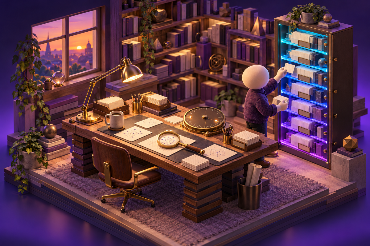 Illustration: A warm editorial workshop at dusk, built as an isometric diorama. At a large drafting desk, a small faceless figure files glowing index cards into a tall cabinet of eight stacked...