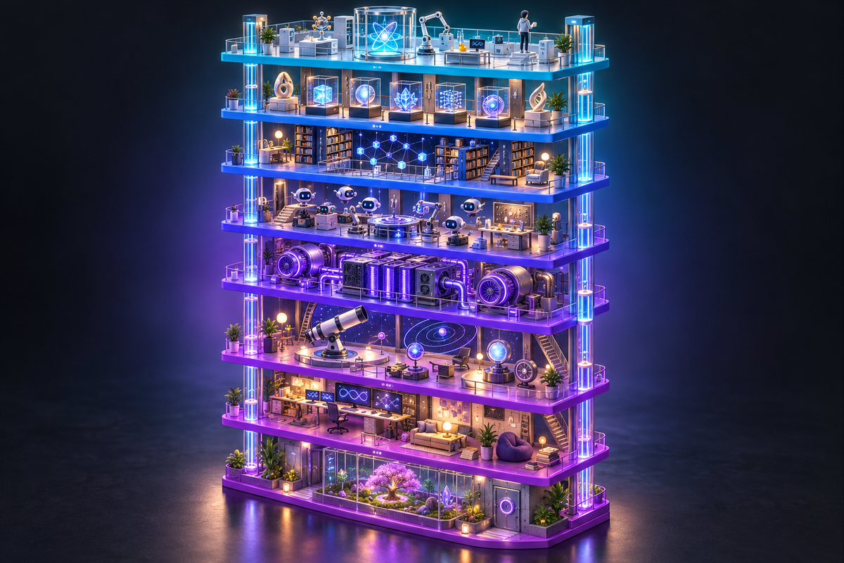 Illustration: A miniature isometric city built as a vertical stack of eight floating slabs, each slab one color from the ramp.