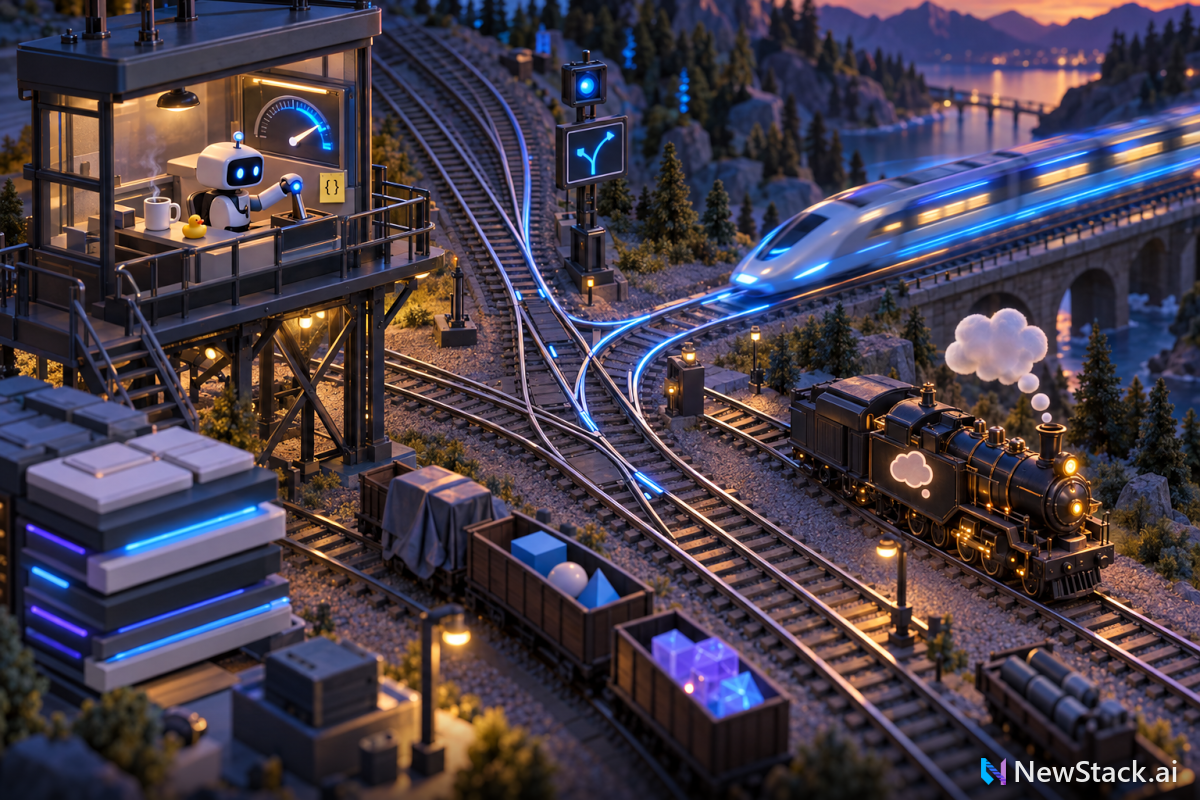 Illustration: A railway switching yard at dusk where a small signal-box robot pulls one lever to send a fast train down a single branch, while a slow steam engine waits on a side track.