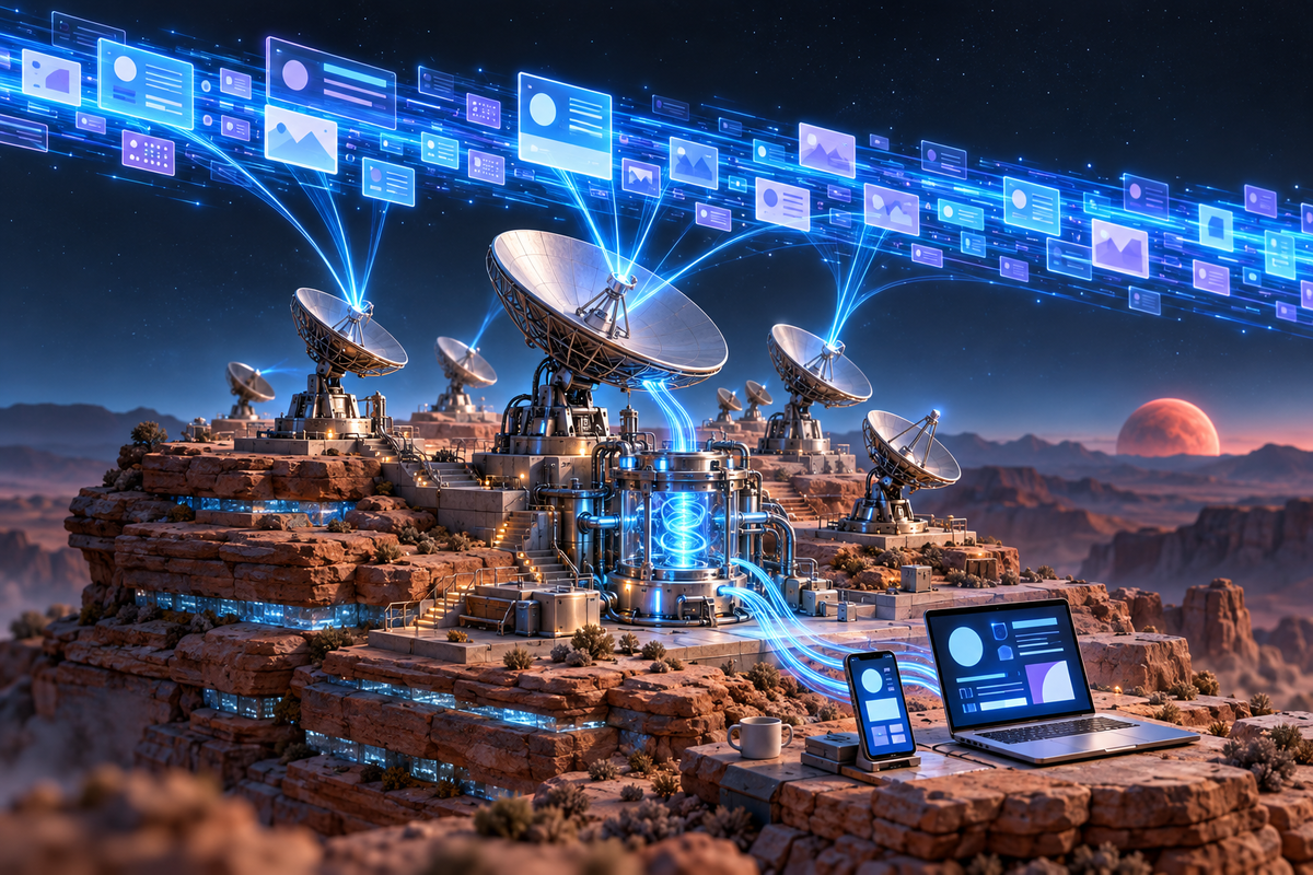 Illustration: A futuristic radio-telescope array on a desert ridge at night, dishes tilted toward a fast-flowing river of glowing social posts and web pages streaming across the sky.