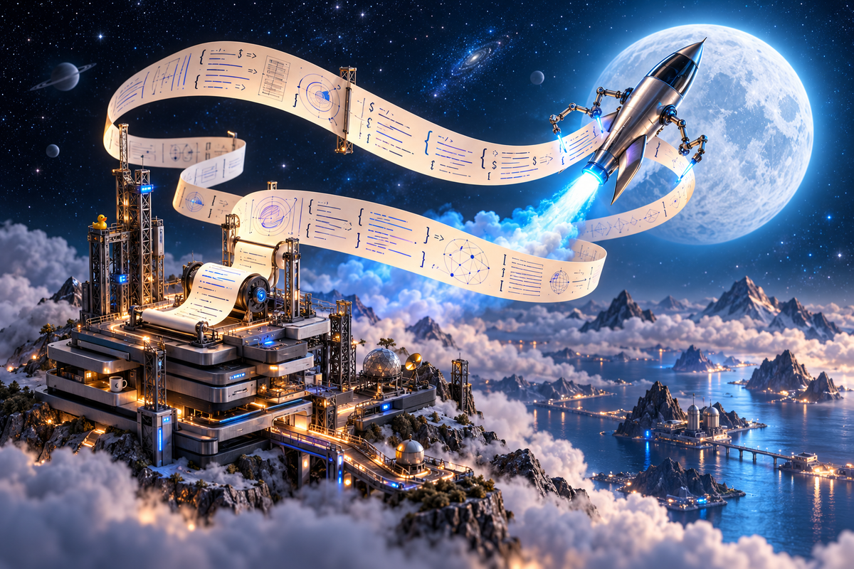 Illustration: A sleek rocket launching toward a huge glowing moon, trailing behind it an impossibly long unrolling scroll of documents and code that stretches all the way back to the launch pad.