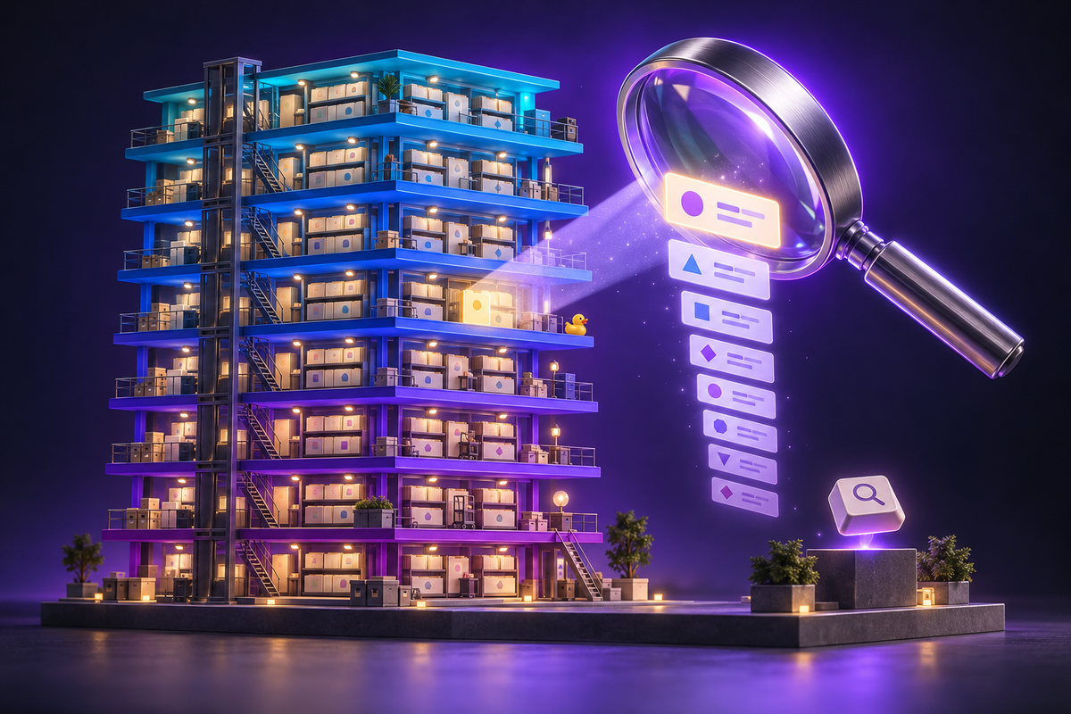 Illustration: A giant glowing magnifying glass hovers over an isometric archive built as eight stacked floors, one color per floor.